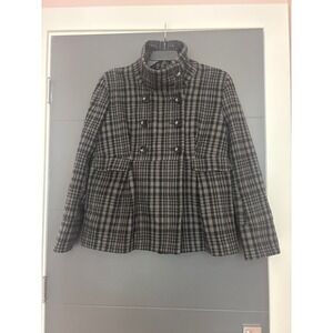 Old Navy Women's Plaid Wool Blend Pea Coat Jacket - Fitted Black & Gray L